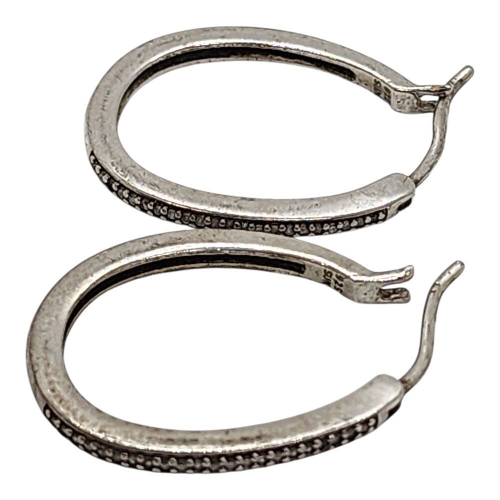 Sterling Silver Diamond Hoop Earrings Pave Set Oval Hoops Vintage Style - Picture 10 of 16